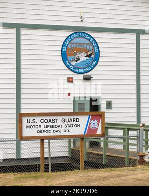 Depoe Bay, OR, USA - September 15, 2022; Sign and logo for US Coast Guard Motor Lifeboast Station, Depoe Bay, Oregon - The Hole in the Wall Gang Stock Photo