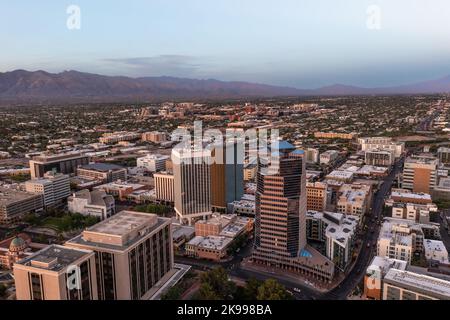 Skyline of Tucson Arizona at dusk, drone shot.  Stock Photo