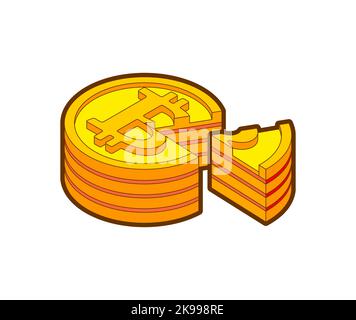 Bitcoin cake and piece of pie. concept of cutting off part of cryptocurrency Stock Vector