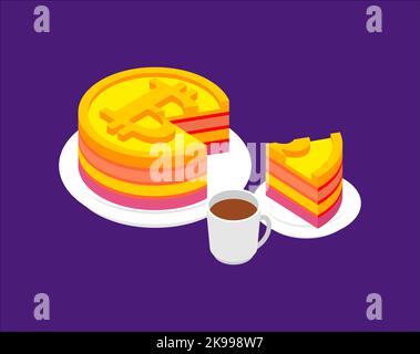 Bitcoin cake and piece of pie. concept of cutting off part of cryptocurrency Stock Vector