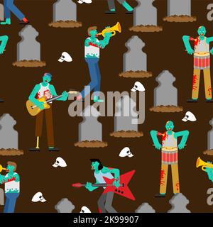 Zombie rock concert at graveyard pattern seamless. Zombies rock band. Zombie and guitar. walking dead and drum. zombi and trumpet Stock Vector