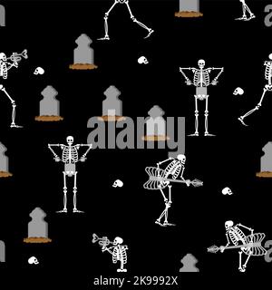 Skeletons rock concert at graveyard pattern seamless. Skeleton rock band.  Dead man and guitar. Skeleton and drum. Stock Vector