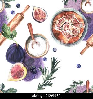 Seamless background. Floral branches, figs, berries on a white, purple, watercolor texture. Rosemary, spices. Illustration. Stock Photo