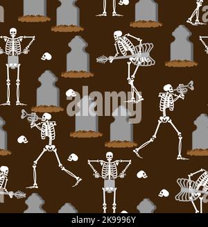 Skeletons rock concert at graveyard pattern seamless. Skeleton rock band.  Dead man and guitar. Skeleton and drum. Stock Vector