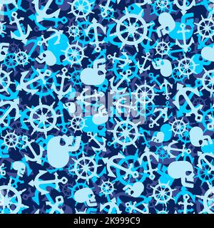 Pirate blue camouflage Winter pattern seamless. Anchor and skull and rudder Army blue background. Protective soldier and hunting winter-time texture Stock Vector