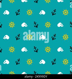 Anchor and rudder and skull pattern seamless. Baby fabric texture Pirate theme Stock Vector