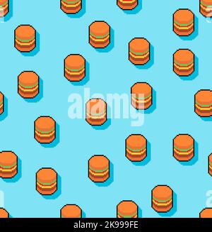 Burger pixel art pattern seamless. Hamburger 8 bit background. Simplified fast food symbol pixelated texture Stock Vector