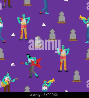 Zombie rock concert at graveyard pattern seamless. Zombies rock band. Zombie and guitar. walking dead and drum. zombi and trumpet Stock Vector