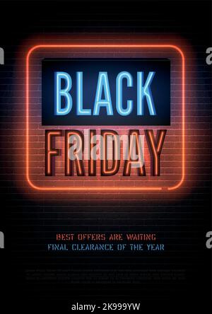 Black friday retro style discounts vector flyer template. Special price offer on stylized brick wall background. Mega wholesale men neon advert with text space. Seasonal sale red blue banner design. Stock Vector