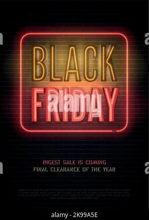 Black Friday Luxury store hot realistic vector flyer template. Seasonal clearance red yellow sale advert neon light. Stylish, big discounts special price offer banner design with copy space. Stock Vector