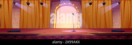 Concert hall, tv studio, karaoke or comedy show stage with microphone, spotlights, yellow curtains and auditorium seats. Empty scene for music festival, performance, vector cartoon illustration Stock Vector
