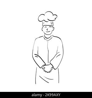 male chef standing with hat illustration vector hand drawn isolated on white background line art. Stock Vector
