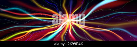 Abstract background with colorful curve lines going form shining center. Rainbow color swirls, technology concept, digital data stream, cable connection, energy waves, Realistic 3d vector radiance Stock Vector