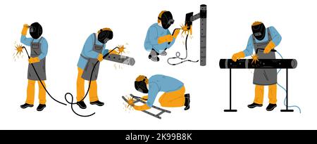 Welder, construction worker in safety mask repairs pipes. Man in helmet work with welding machine and pipeline isolated on white background, vector hand drawn illustration Stock Vector