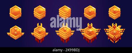 Army rank badges, gold military insignia signs. Game icons of golden ...