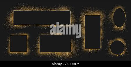 Gold spray paint frames, graffiti stencil banners. Rectangular, oval and square borders isolated on black background. Airbrushing stenciling backdrop texture with brush splashes and drips, Vector set Stock Vector
