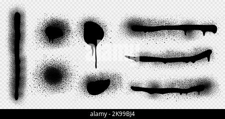 Spray paint drips and lines, black ink splatters, brush stains with graffiti effect. inky blots in urban street style, blobs or stripes. Design elements isolated on transparent background, Vector set Stock Vector