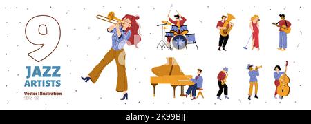 Set of Jazz band artists performing music. Men and woman playing on instruments drum kit, saxophone, trumpet, guitar, grand piano and double bass. Musical performance Line art flat vector illustration Stock Vector