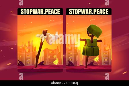 Set of stop war cartoon banners. Vector illustration of destroyed city buildings on fire and soldier grave with body armor on cross, white flag on pole. Collection of flyers calling for peace in world Stock Vector