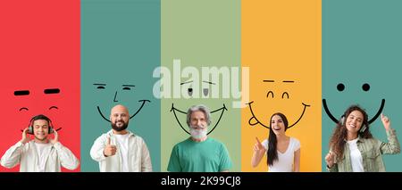Collage of happy people and drawn smiles on color background Stock Photo