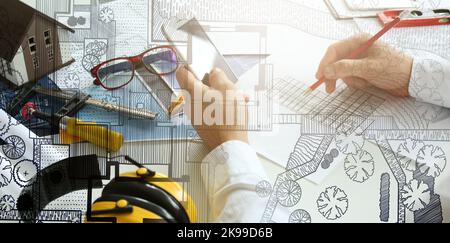 Double exposure of drawing and male architect working in office, closeup Stock Photo
