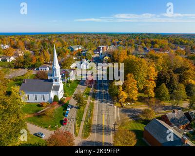 First Parish Congregational Church at 180 York Street in historic town center of York village, Maine ME, USA. Stock Photo