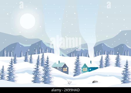 winter landscape with mountain, houses, and tree in flat style design Stock Vector