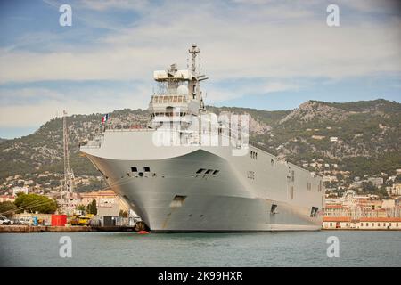 Toulon port city on southern France Mediterranean coast, Dixmude L9015 amphibious assault ship docked major French naval base Stock Photo