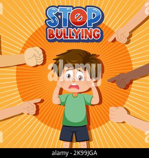 Stop Bullying text with kid surrounded by pointing fingers illustration Stock Vector