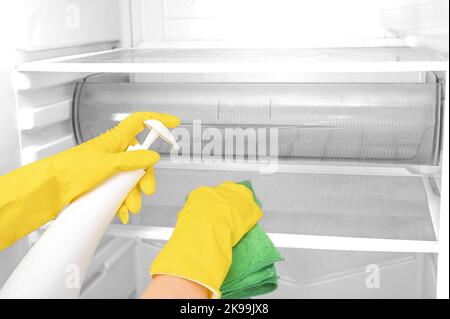 Woman hands in yellow rubber protective glove and green sponge washes, cleans refrigerator shelves. Deep Cleaning service. Spray for windows and glass Stock Photo