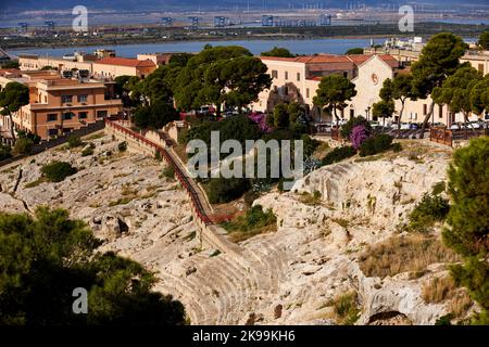 Port town Cagliari capital city of the Italian Mediterranean   island of Sardinia. historical site of Roman Amphitheatre Stock Photo