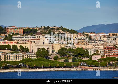 Port town Cagliari capital city of the Italian Mediterranean   island of Sardinia. Sanctuary of Our Lady of Bonaria, Stock Photo