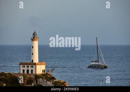 Port town Ibiza  Balearic islands, Spain Mediterranean Sea, lighthouse in the harbour Stock Photo