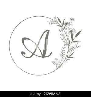 Vector Circle hand drawn floral logo template in an elegant and minimal illustration style. Circle logo frame. For badges, labels, logos and branding Stock Vector