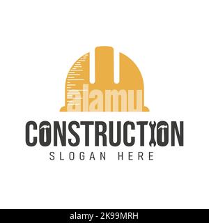 Construction logo in helmet construction symbol shaped word sign style with hammer, key, bolt elements. Stock Vector