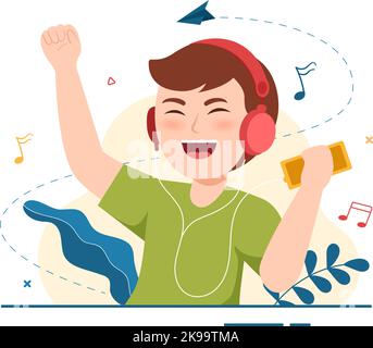 MP3 Player with Headphones, Headset and Phone of Music Listening Devices in Mobile App on Flat Cartoon Hand Drawn Templates Illustration Stock Vector