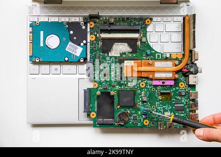 Electronic motherboard, isometric processor microchip, motherboard parts and laptop notebook , digital communication, people and technologies, digital Stock Photo