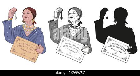 Old woman dressed in gypsy clothes, summoning the spirits holding a pendulum and ouija board. Color, gray and silhouette isolated on white background. Stock Vector