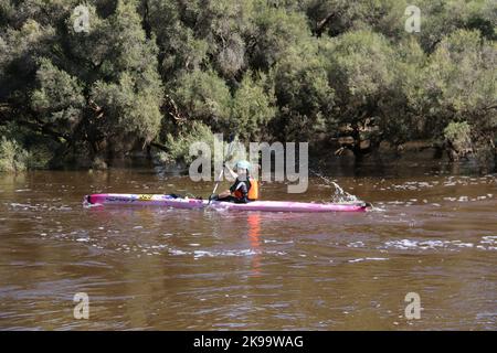 A protected competitor driving a boat on a river Stock Photo