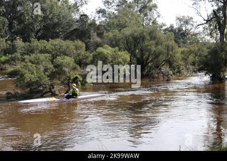 A protected competitor driving a boat on a riv Stock Photo