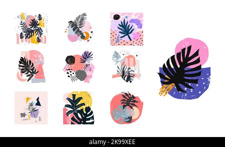 Scandinavian hand drawn artwork. Modern vector illustration with tropical leaves, grunge, marble, terrazzo floor textures, doodles and minimal element Stock Vector