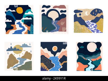 Illustration in Scandinavian style. beautiful background. Flat abstract design. Mountain view, river view. Mountains, clouds, sun, moon. Vector illust Stock Vector
