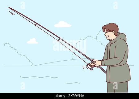 Man with rod fishing in nature landscape. Smiling fisherman in outerwear enjoy fishing hobby outdoors. Vector illustration.  Stock Vector