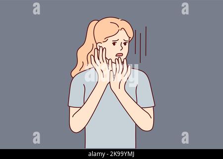 Scared young woman make hand gesture feeling terrified or frightened. Unhappy worried girl stressed show fear and astonishment. Vector illustration.  Stock Vector