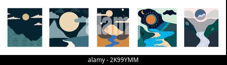 Illustration in Scandinavian style. beautiful background. Flat abstract design. Mountain view, river view. Mountains, clouds, sun, moon. Vector illust Stock Vector