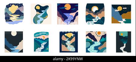 Illustration in Scandinavian style. beautiful background. Flat abstract design. Mountain view, river view. Mountains, clouds, sun, moon. Vector illust Stock Vector