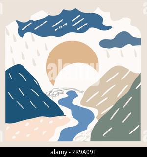 Illustration in Scandinavian style. beautiful background. Flat abstract design. Mountain view, river view. Mountains, clouds, sun, moon. Vector illust Stock Vector