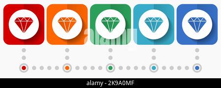 Diamond jewel, brilliant, treasure vector icons, infographic template, set of flat design symbols in 5 color options Stock Vector