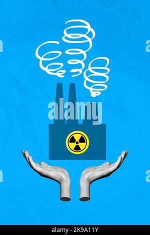 Vertical collage illustration of human arms black white effect hold protect drawing atomic electricity station isolated on blue background Stock Photo