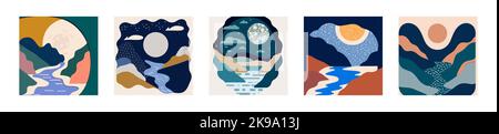 Illustration in Scandinavian style. beautiful background. Flat abstract design. Mountain view, river view. Mountains, clouds, sun, moon. Vector illust Stock Vector